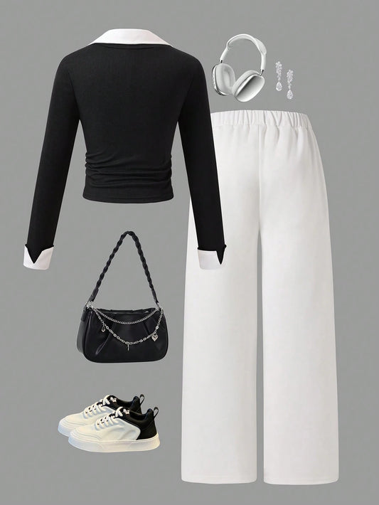 Delicate Chest Embroidery, Paired With High-Waisted Cream Wide-Leg Pants