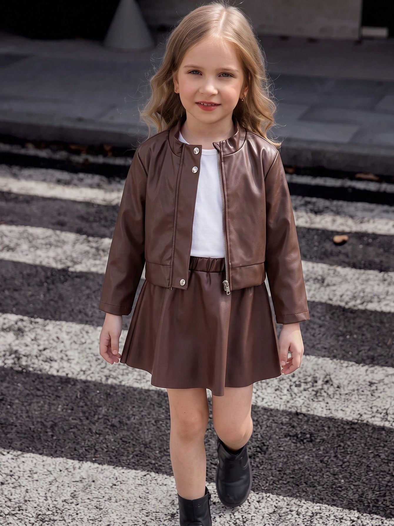 Solid Color PU Leather Button & Zipper Jacket With PU Leather Skirt