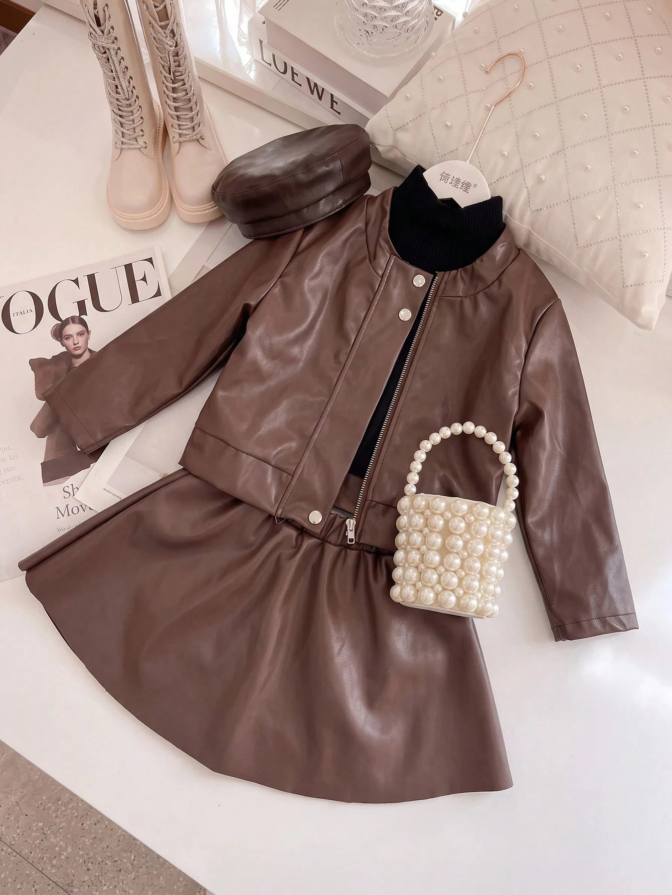 Solid Color PU Leather Button & Zipper Jacket With PU Leather Skirt