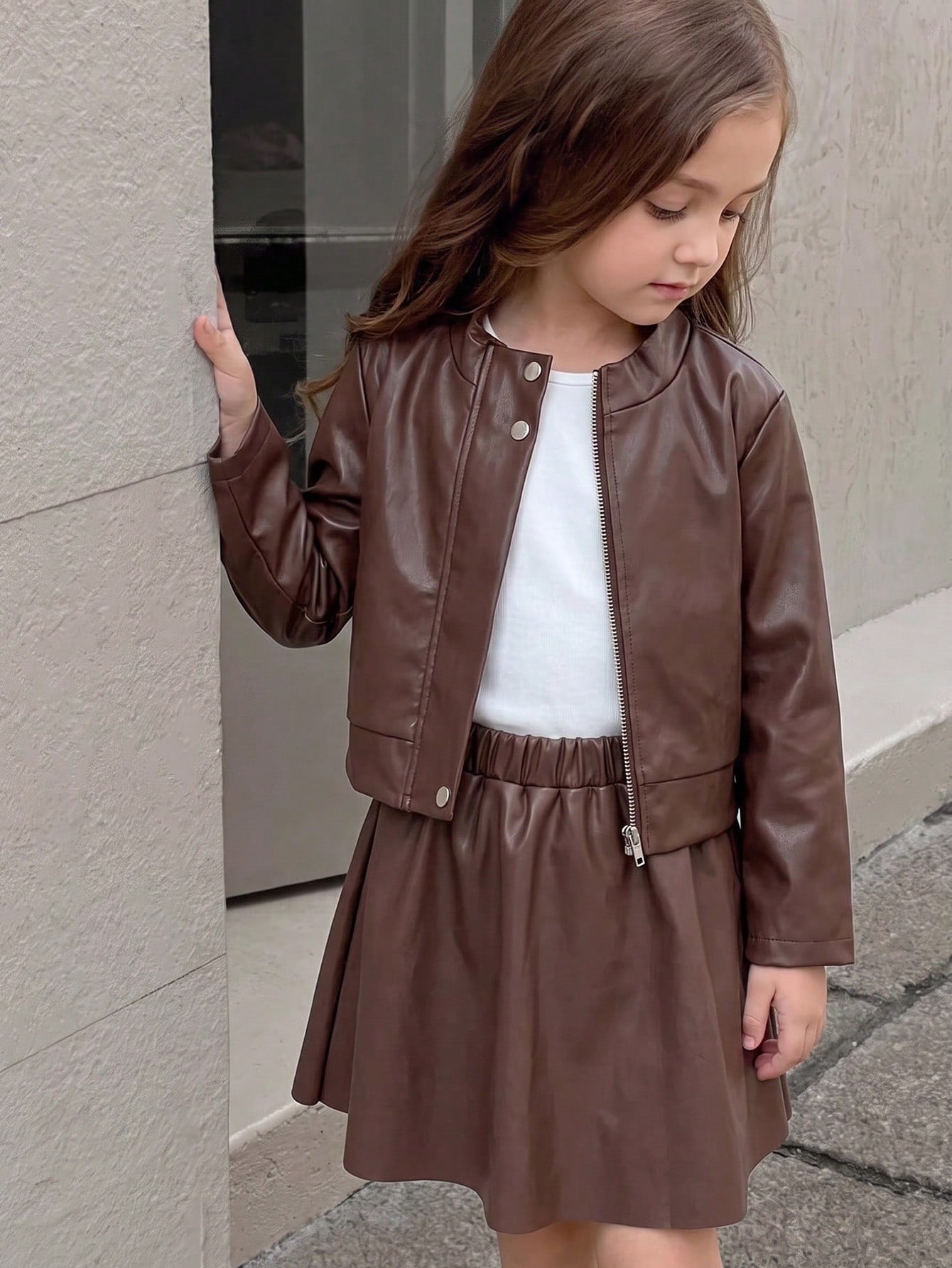 Solid Color PU Leather Button & Zipper Jacket With PU Leather Skirt