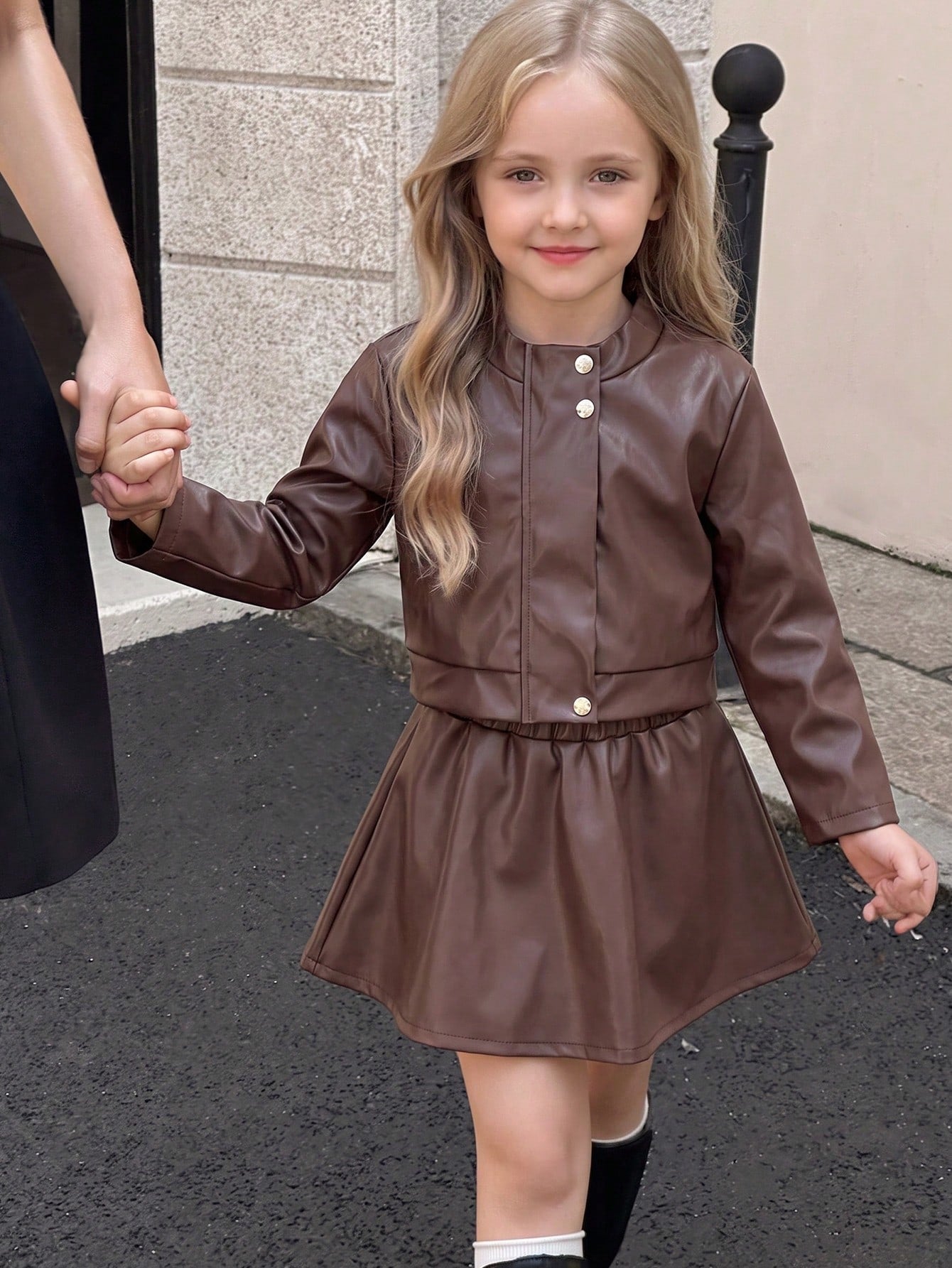 Solid Color PU Leather Button & Zipper Jacket With PU Leather Skirt