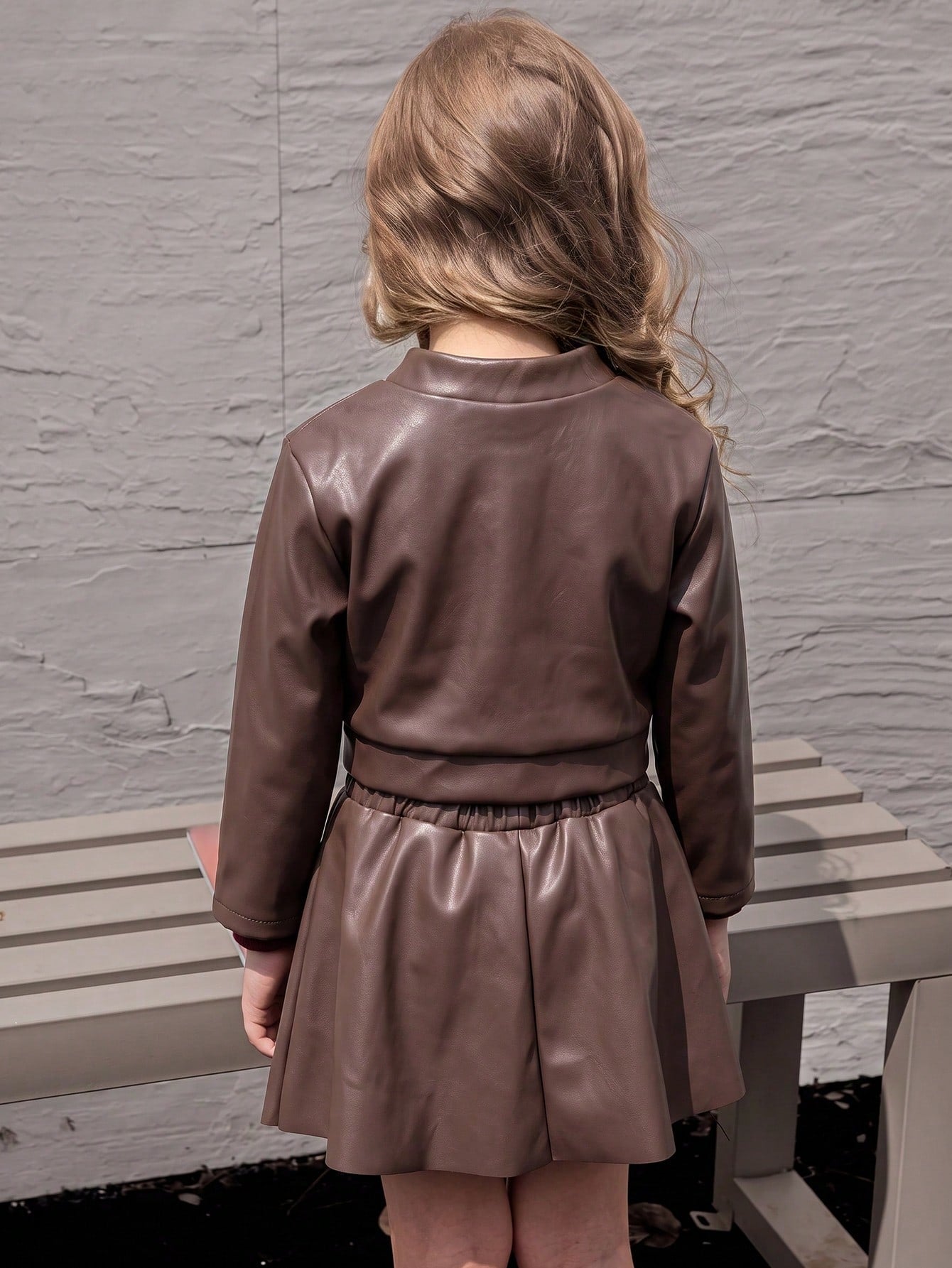 Solid Color PU Leather Button & Zipper Jacket With PU Leather Skirt