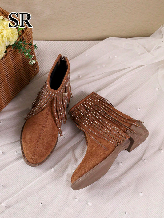 Brown Tassel Low Chunky Heel Ankle Boots