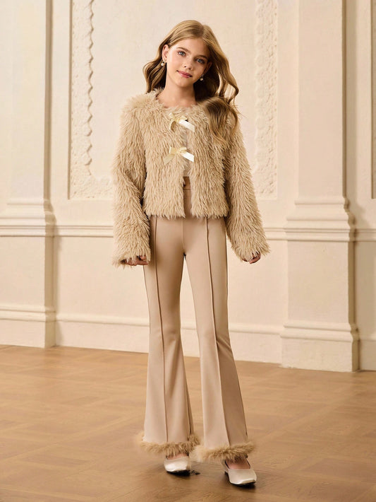 Loose Fluffy Fabric Bow Decor Jacket & Elastic Waist Long Slim Flare Pants Khaki