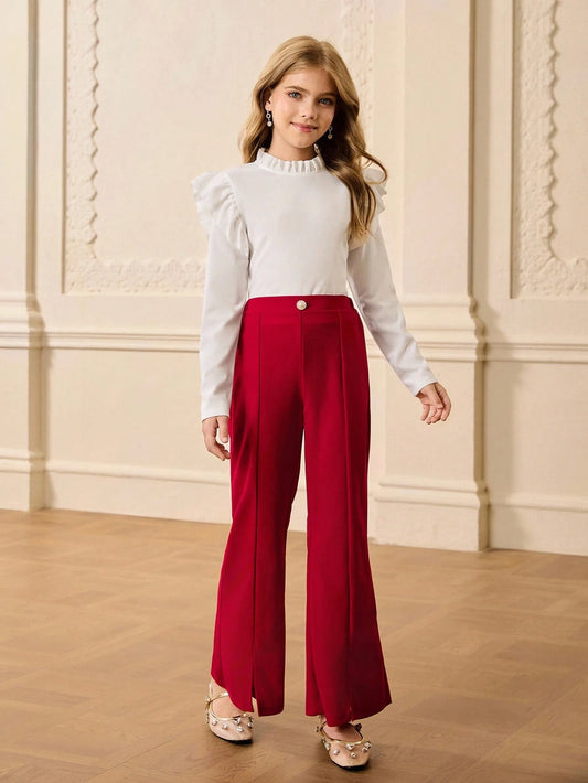 Minimalist Round Neck Long Sleeve Fitted Solid Color Basic Tee And High Waist Solid Color Flared Pants Set Burgundy