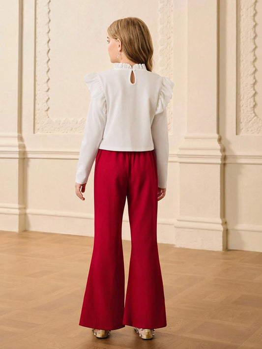 Minimalist Round Neck Long Sleeve Fitted Solid Color Basic Tee And High Waist Solid Color Flared Pants Set