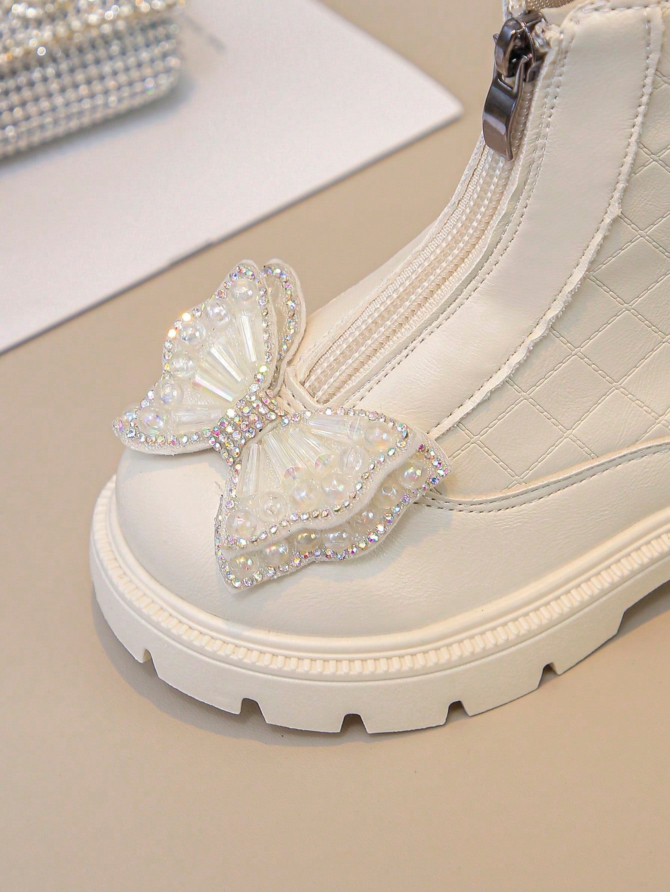 Girls' Checkered Textured Big Bow Design Cute Outdoor Boots