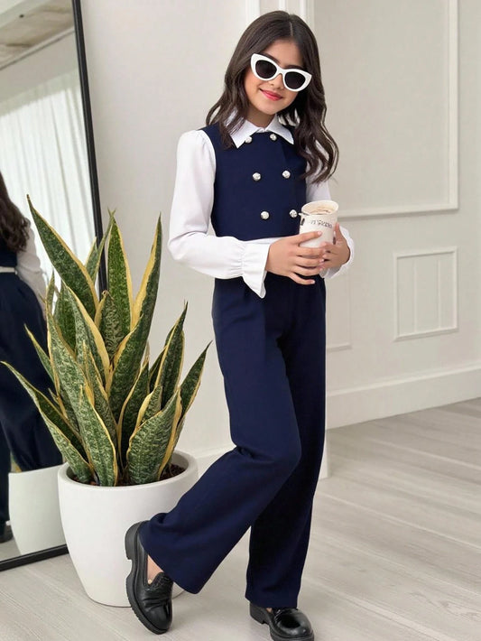 Girls' Color Block Long Sleeve Casual Pants Suit Multicolor