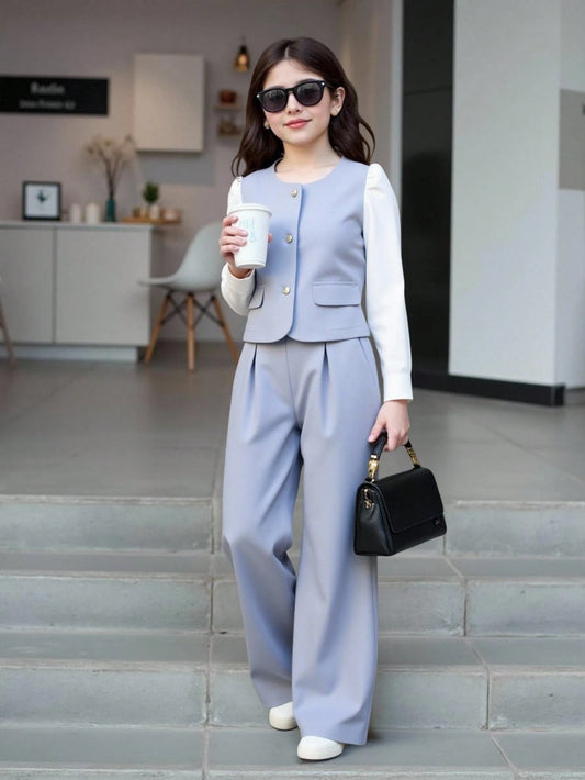 Girls' Colorblock Pearl Decor Cardigan Shacket, Casual Pants