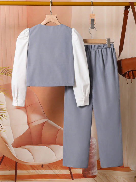 Girls' Colorblock Pearl Decor Cardigan Shacket, Casual Pants