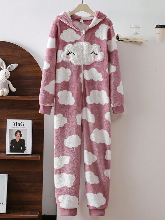Girls' Cute Cloud Pattern Long Sleeve Hooded Jumpsuit Pink