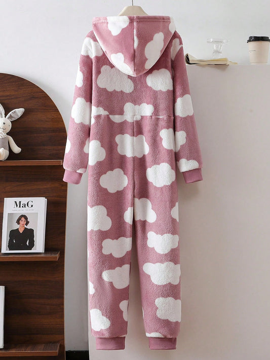 Girls' Cute Cloud Pattern Long Sleeve Hooded Jumpsuit