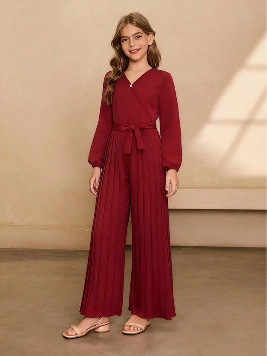 Minimalist V-Neck Long Sleeve Cinched Waist Long Solid Color Pleated Jumpsuit