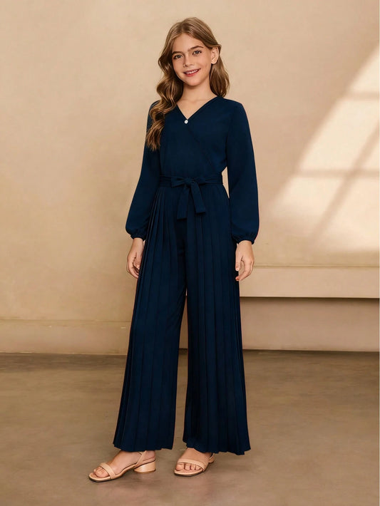 Minimalist V-Neck Long Sleeve Cinched Waist Long Solid Color Pleated Jumpsuit