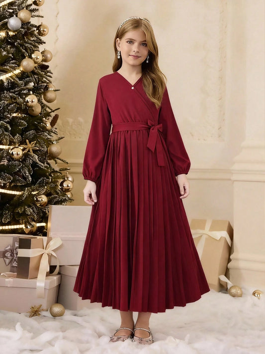 Minimalist V-Neck Long Sleeve Cinched Waist Maxi Pleated Solid Color Dress Burgundy