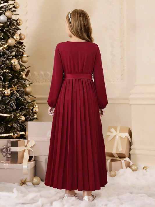 Elegant Minimalist V-Neck Long Sleeve Cinched Waist Maxi Pleated Solid Color Dress
