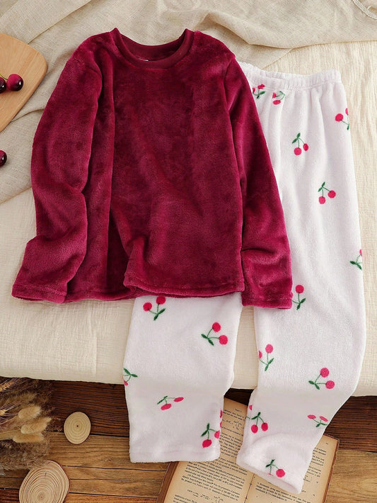 Girls' Fashionable Solid Color Plush Soft Fabric + Cherry All-Over Print Loose Casual Pants Set Multicolor