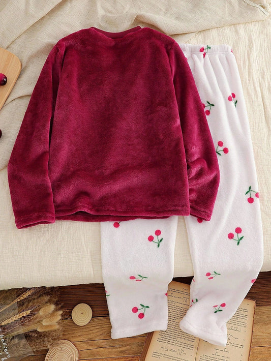 Girls' Fashionable Solid Color Plush Soft Fabric + Cherry All-Over Print Loose Casual Pants Set