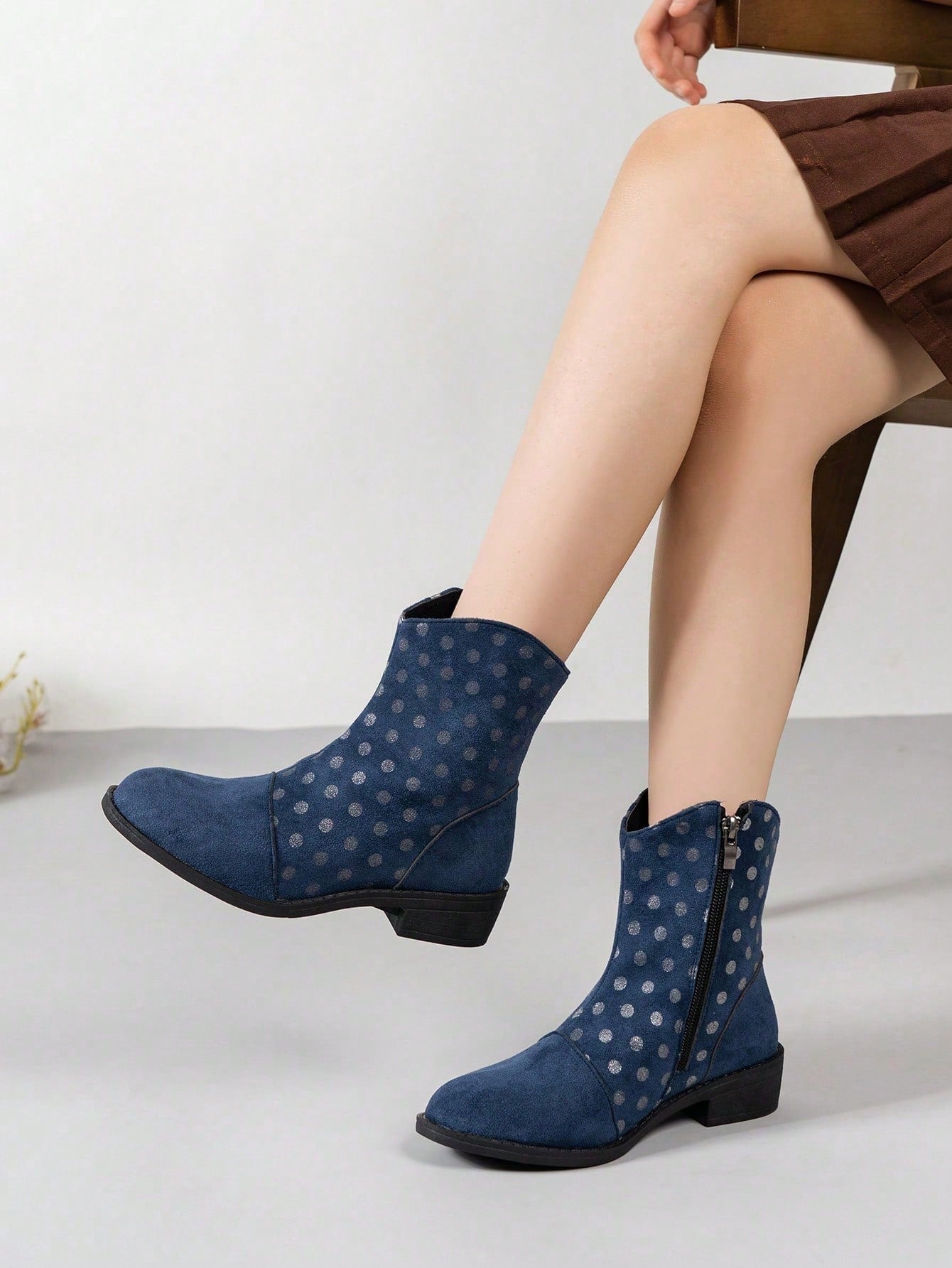 Navy Blue Silver Glitter Polka Dot Side Zipper Mid-Calf Boots