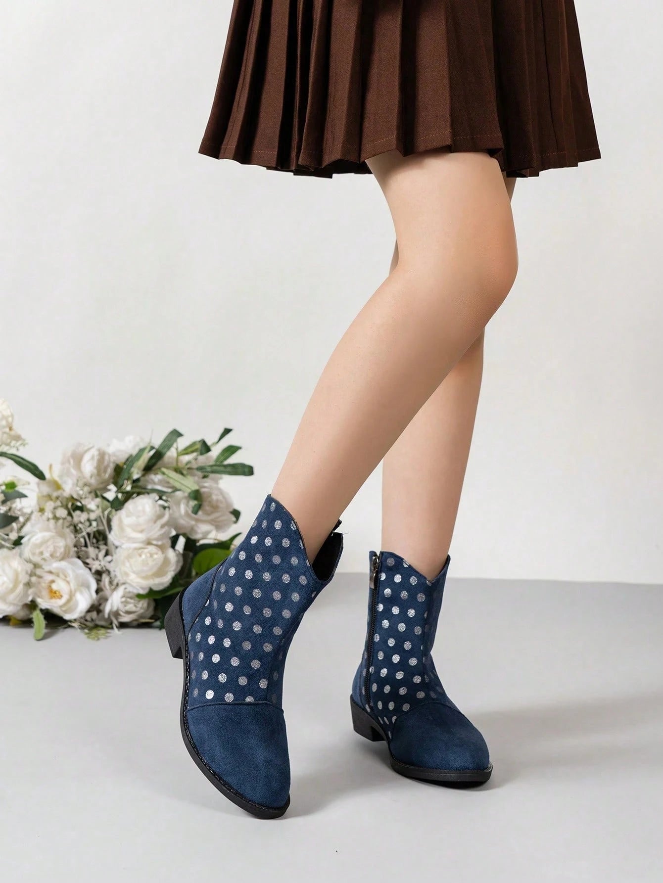 Navy Blue Silver Glitter Polka Dot Side Zipper Mid-Calf Boots