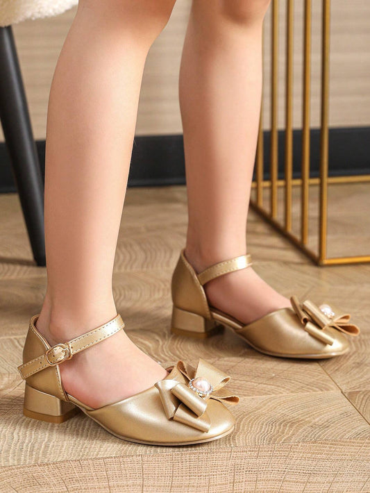 Girls Gold Peep Toe High Heel Pearl Sandals, Children Summer Shoes