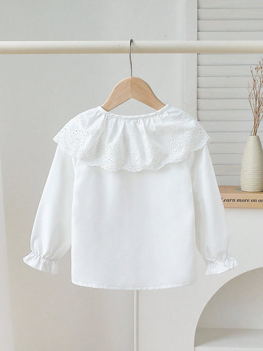 Girls Large Lace Trim Round Neck 3D Bow Collar White Long Sleeve Shirt