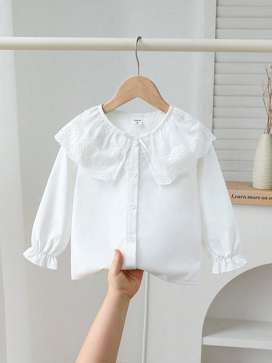 Girls Large Lace Trim Round Neck 3D Bow Collar Shirt