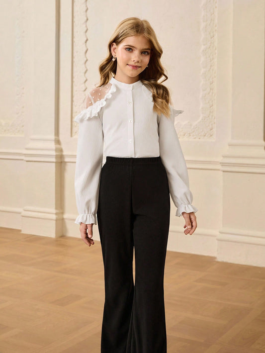 Girls' Long Sleeve Mesh Patchwork Ruffle Trim Blouse + High Waist Pants