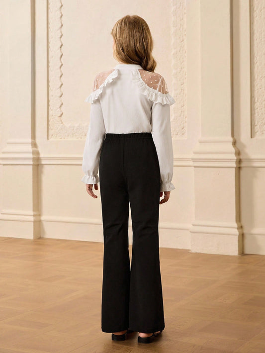 Girls' Long Sleeve Mesh Patchwork Ruffle Trim Blouse + High Waist Pants