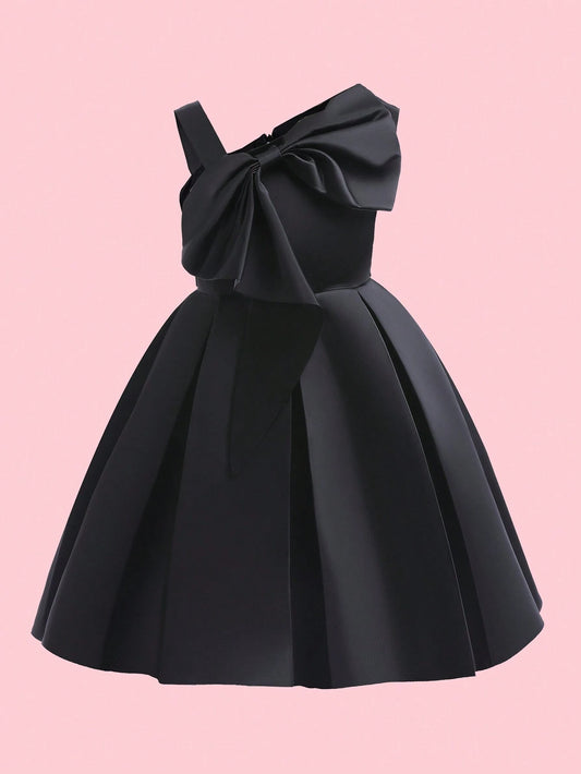Girls' One Shoulder Big Bow Solid Color Formal Dress Party Princess Dress