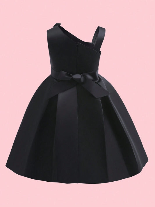 Girls' One Shoulder Big Bow Solid Color Formal Dress Party Princess Dress