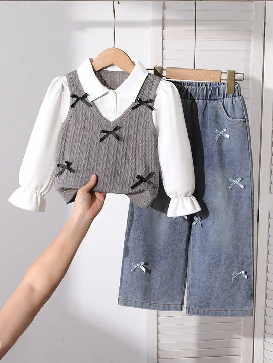 Girls' Outfit Set: Patterned Knit Shirt + Jeans Grey