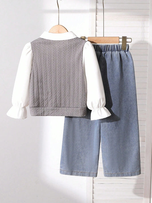 Girls' Outfit Set: Patterned Knit Shirt + Jeans
