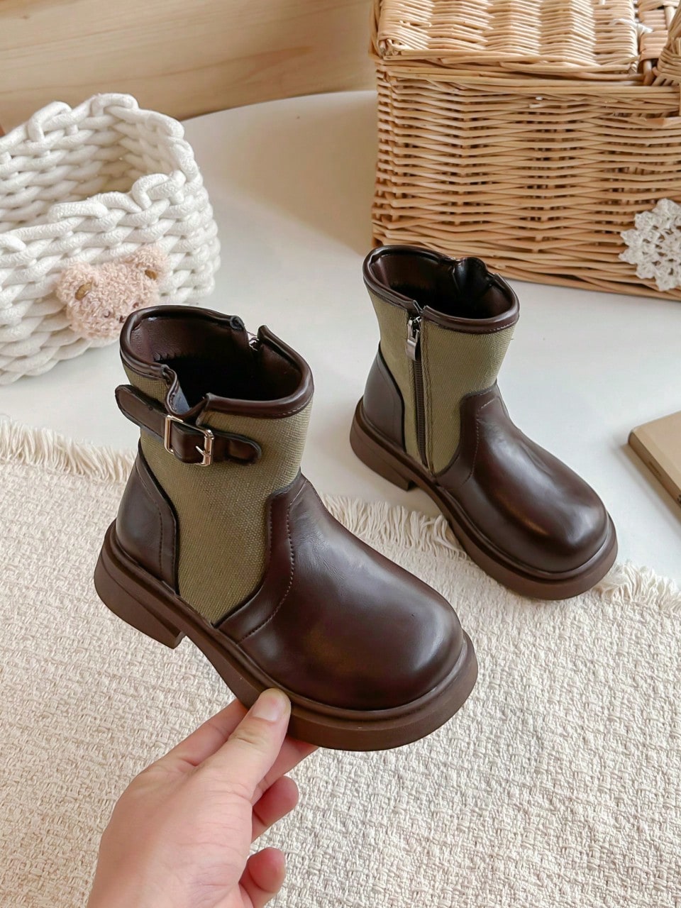 Girls' Patchwork Knit Ankle Boots With Metal Buckle Side Zipper Shoes
