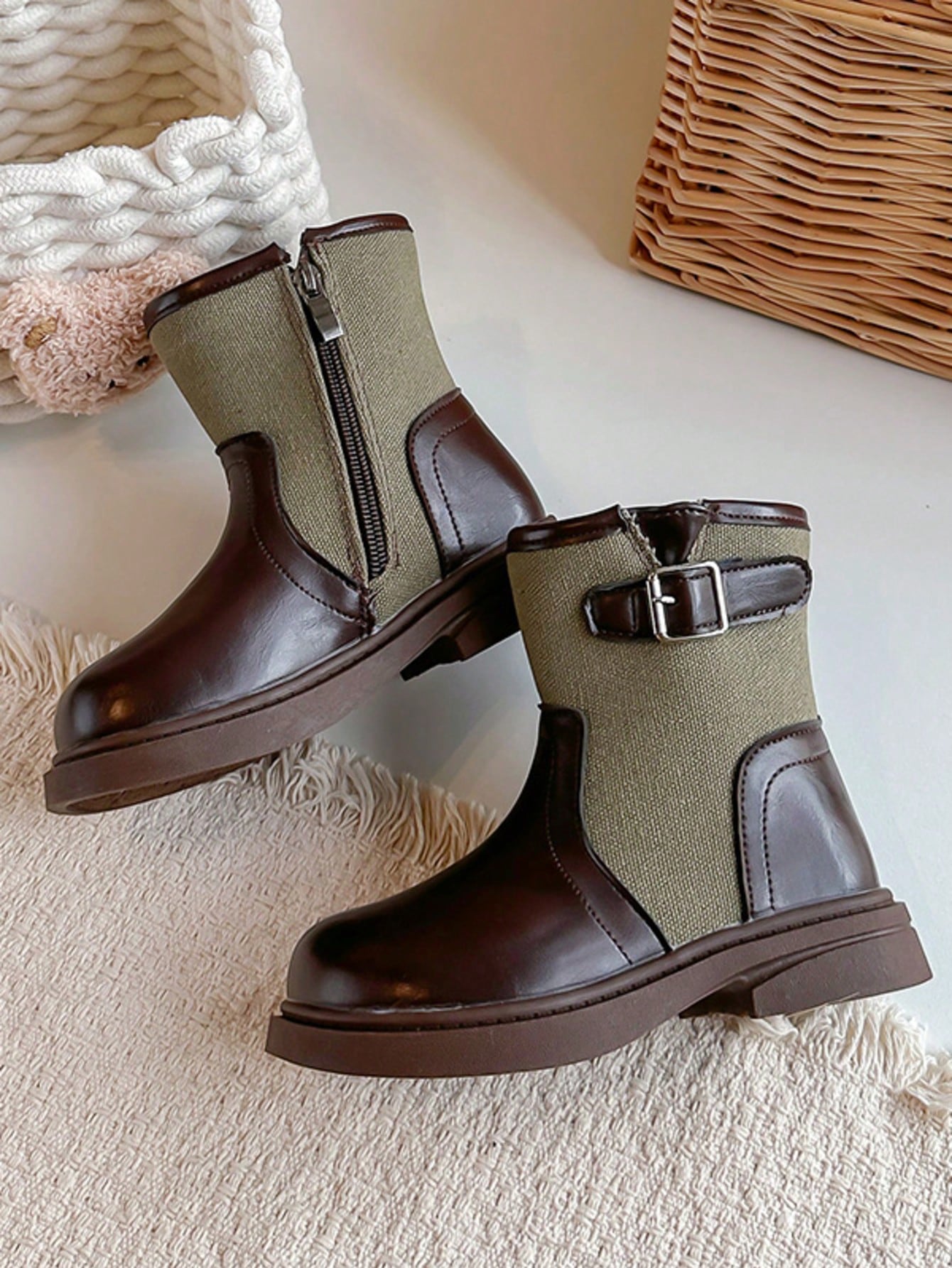 Girls' Patchwork Knit Ankle Boots With Metal Buckle Side Zipper Shoes