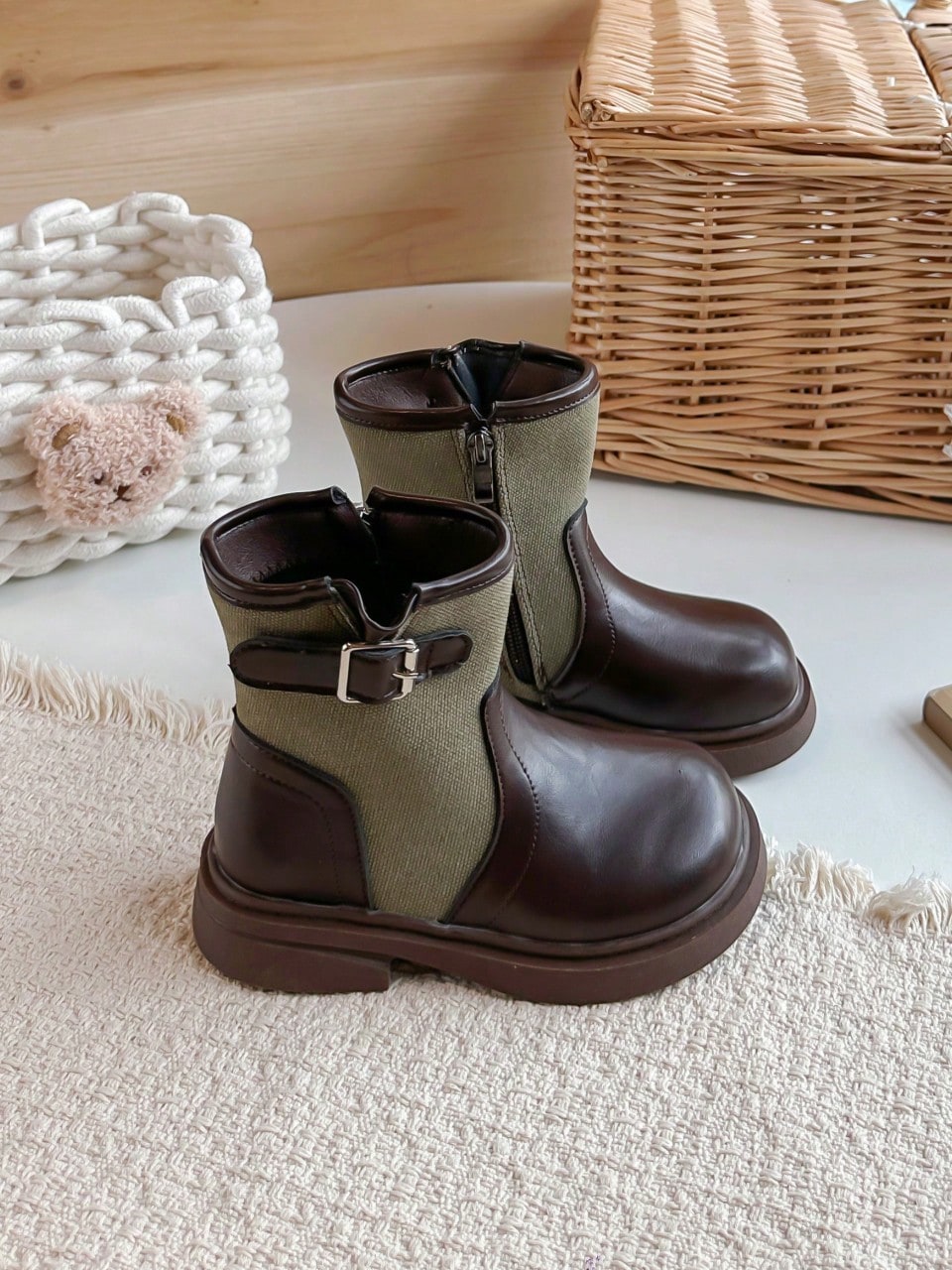 Girls' Patchwork Knit Ankle Boots With Metal Buckle Side Zipper Shoes