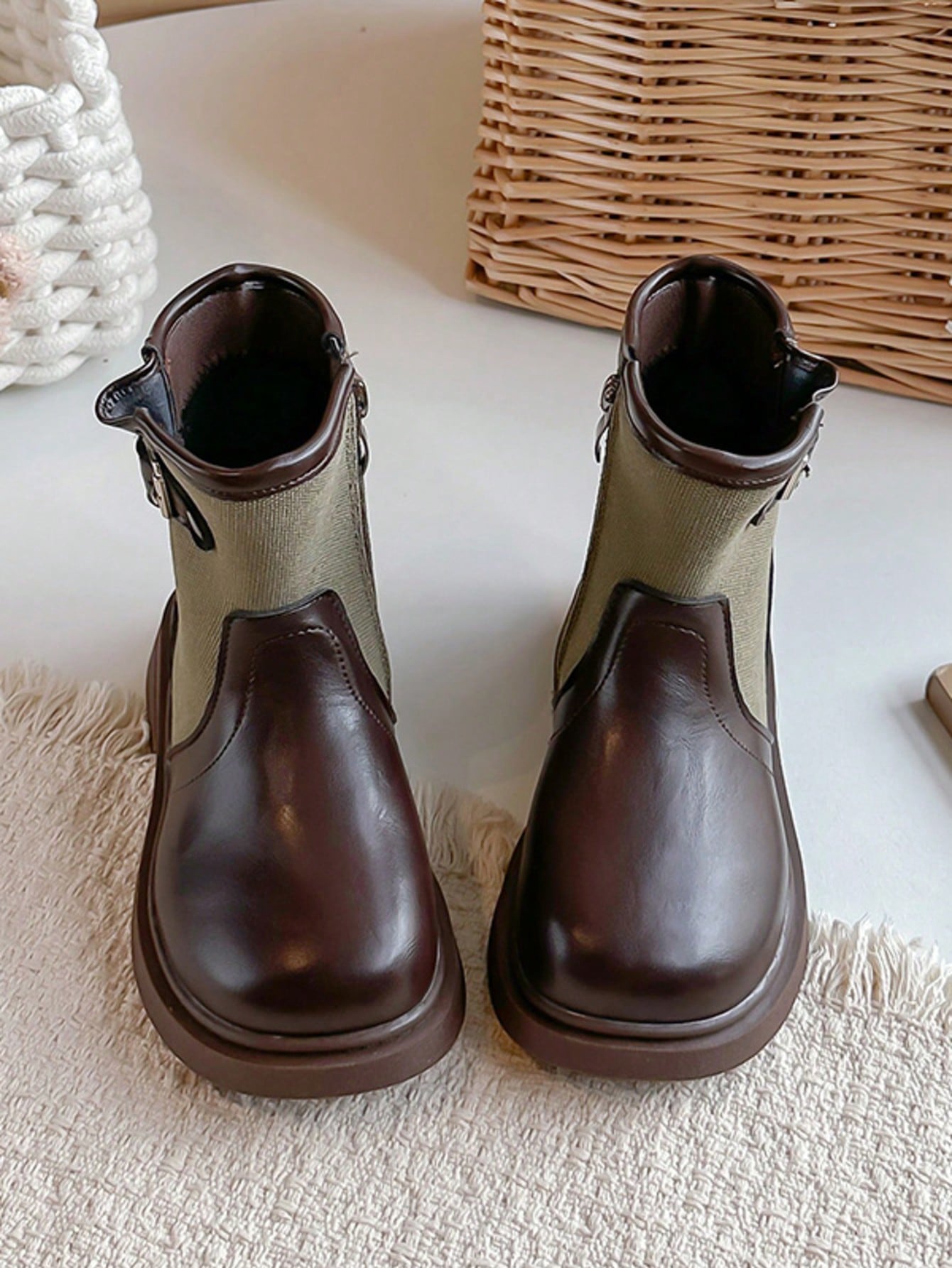 Girls' Patchwork Knit Ankle Boots With Metal Buckle Side Zipper Shoes