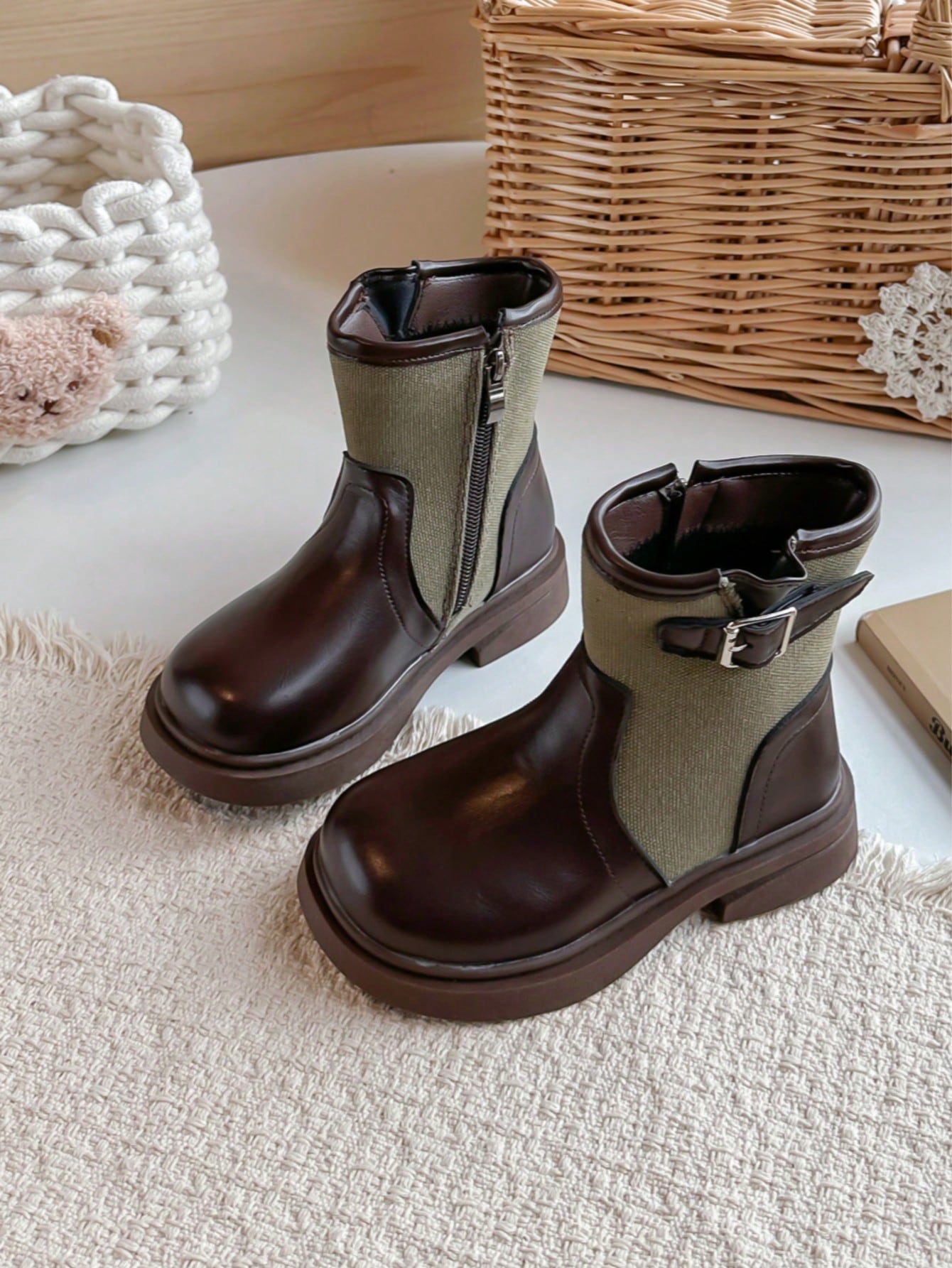 Girls' Patchwork Knit Ankle Boots With Metal Buckle Side Zipper Shoes