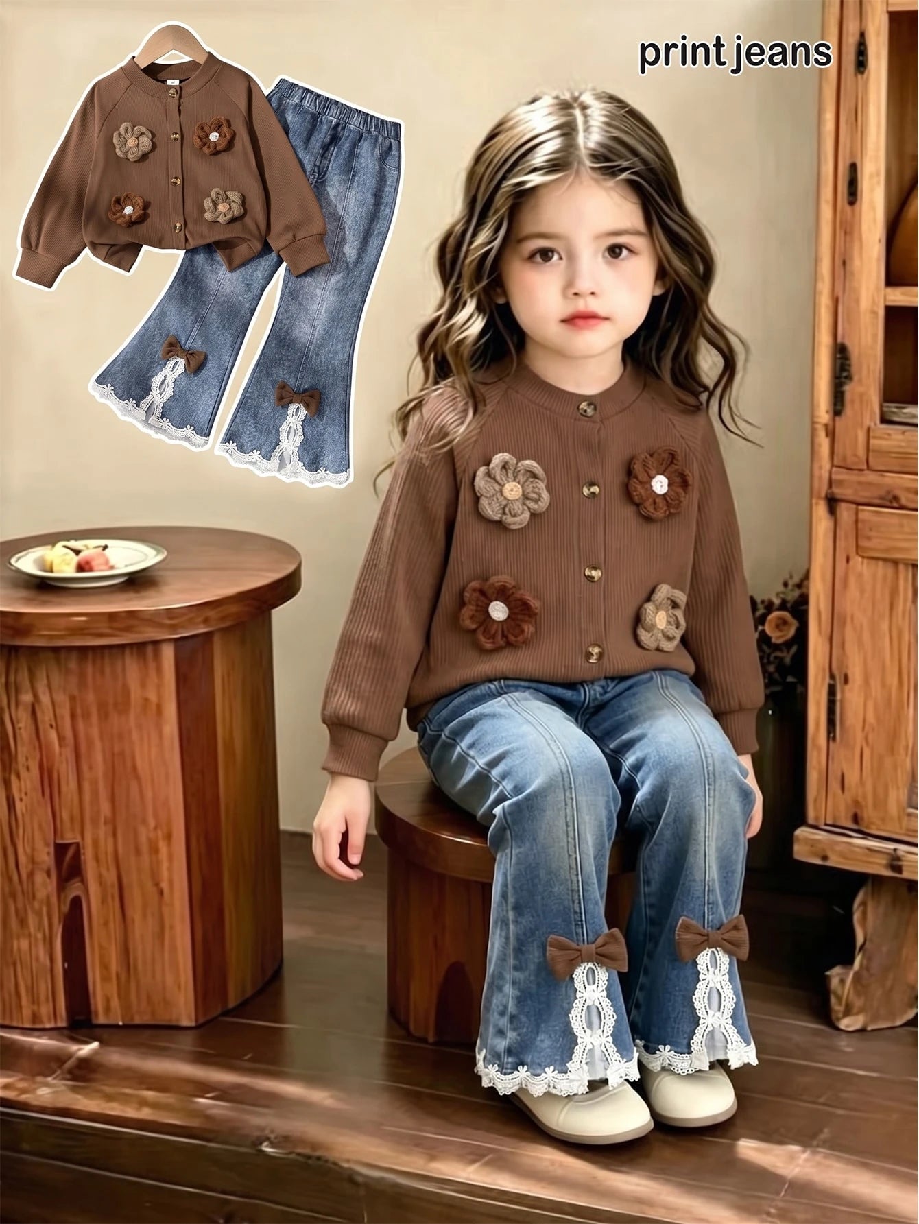 Girls Floral Denim Effect 2 Pieces Set
