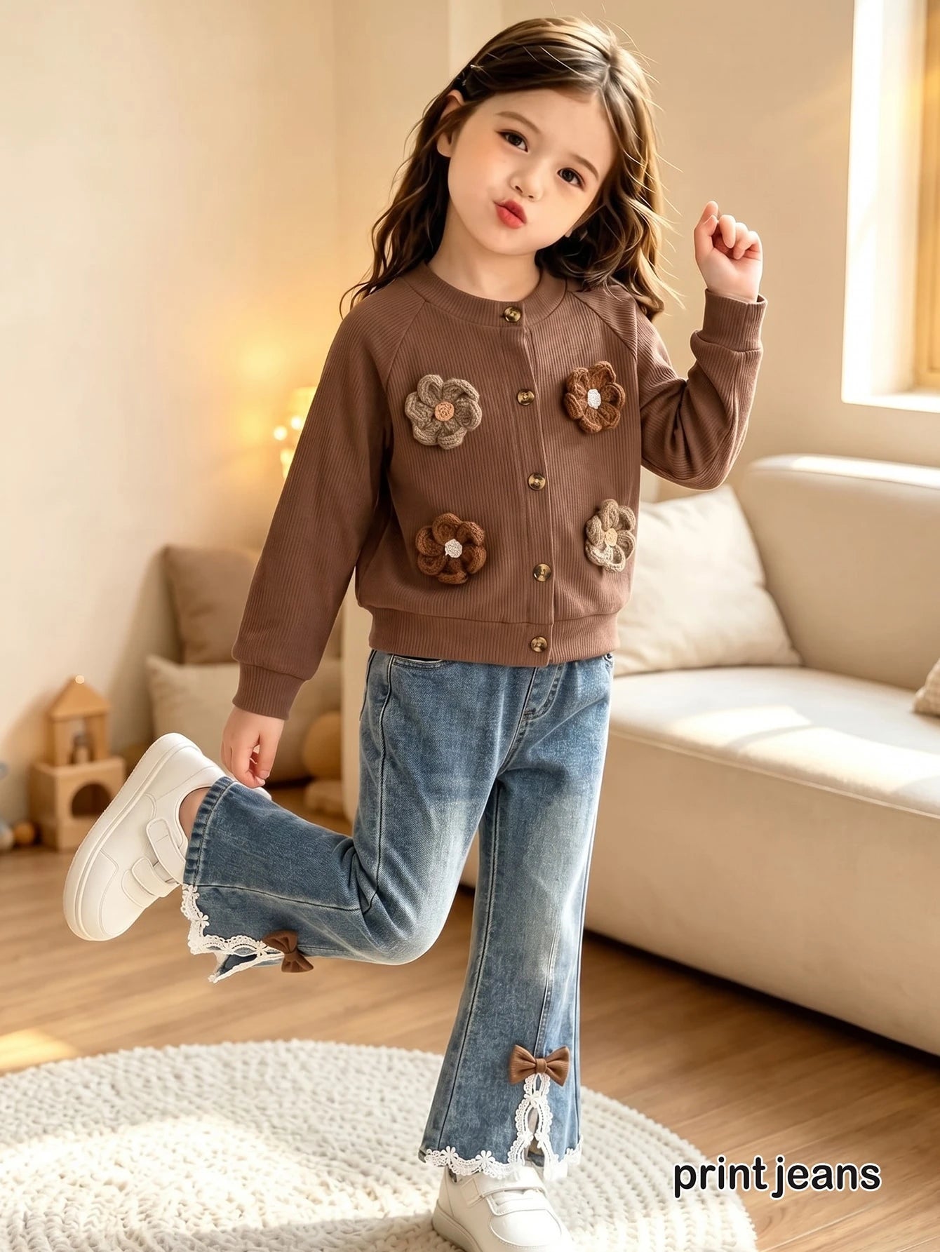 Girls Floral Denim Effect 2 Pieces Set