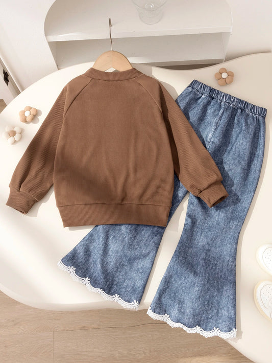 Girls Floral Denim Effect 2 Pieces Set