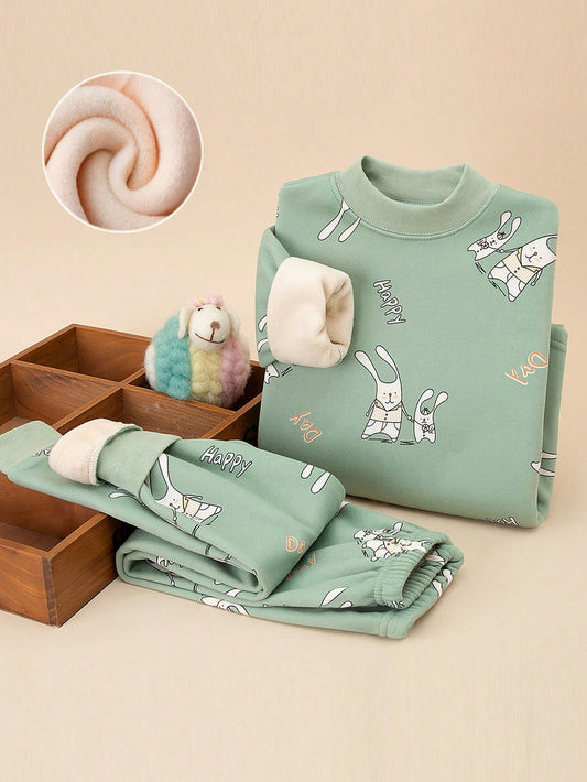 Girls' Thick Fleece Cartoon Rabbit Print Pajama Set Mint Green