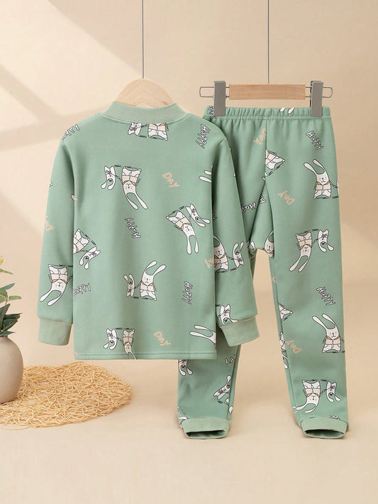 Girls' Thick Fleece Cartoon Rabbit Print Pajama Set