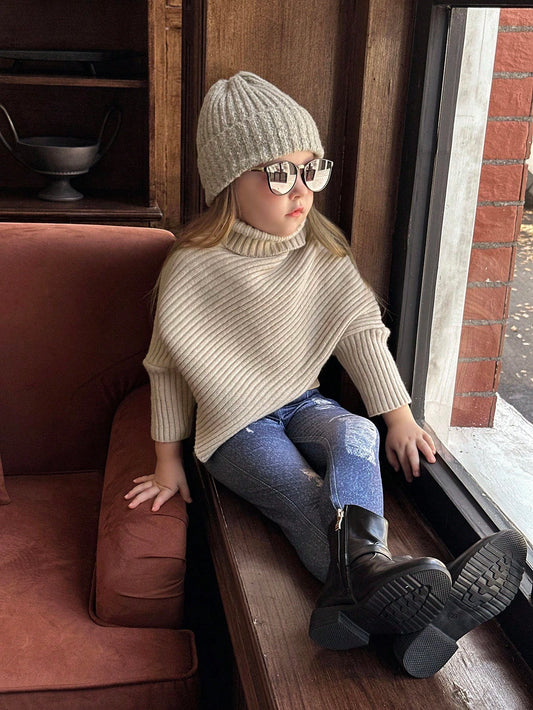 Girls' Warm Apricot High Neck Long Sleeve Knitted Sweater Apricot