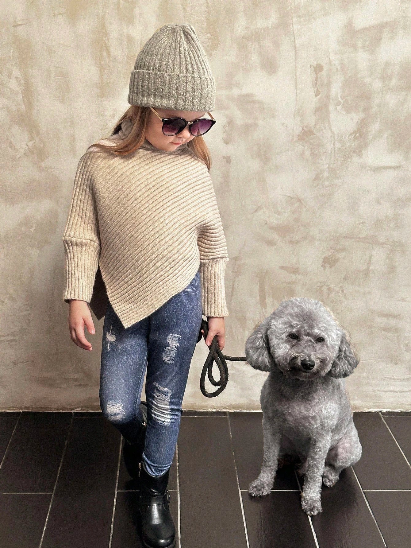 Girls' Warm Apricot High Neck Long Sleeve Knitted Sweater