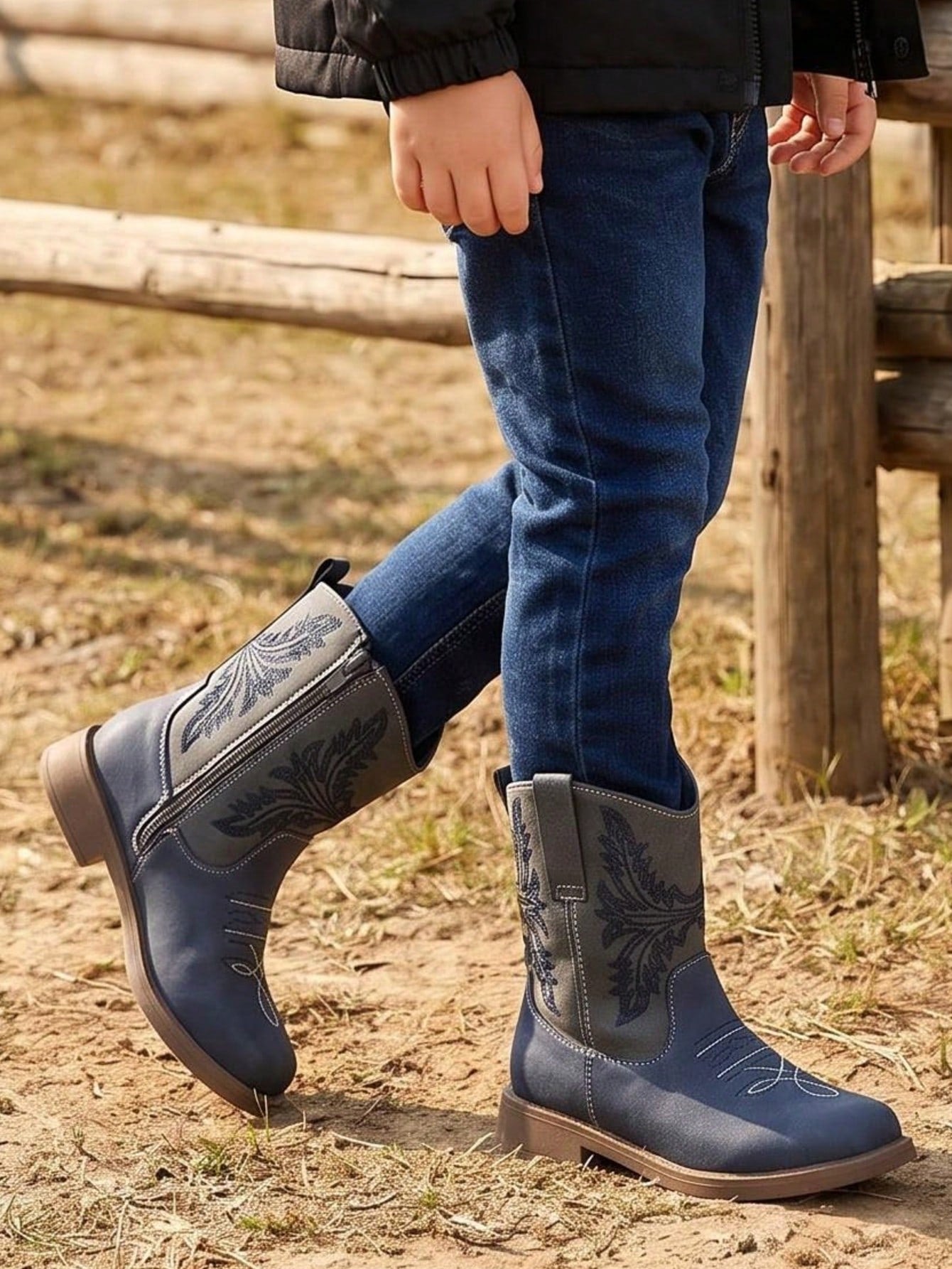 Girls' Western Cowboy Boots - Embroidered Mid-Calf Boots With Side Zipper