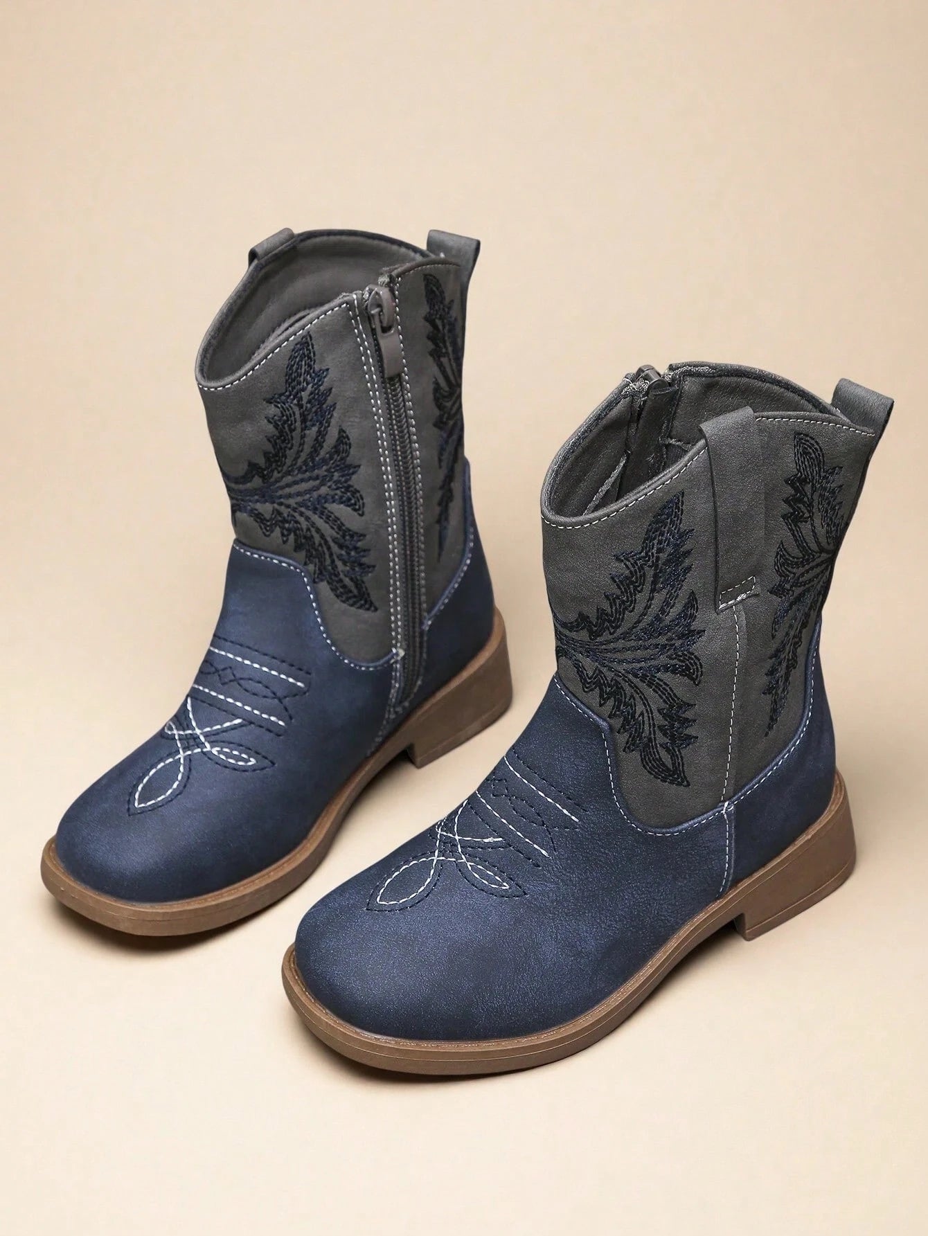 Girls' Western Cowboy Boots - Embroidered Mid-Calf Boots With Side Zipper