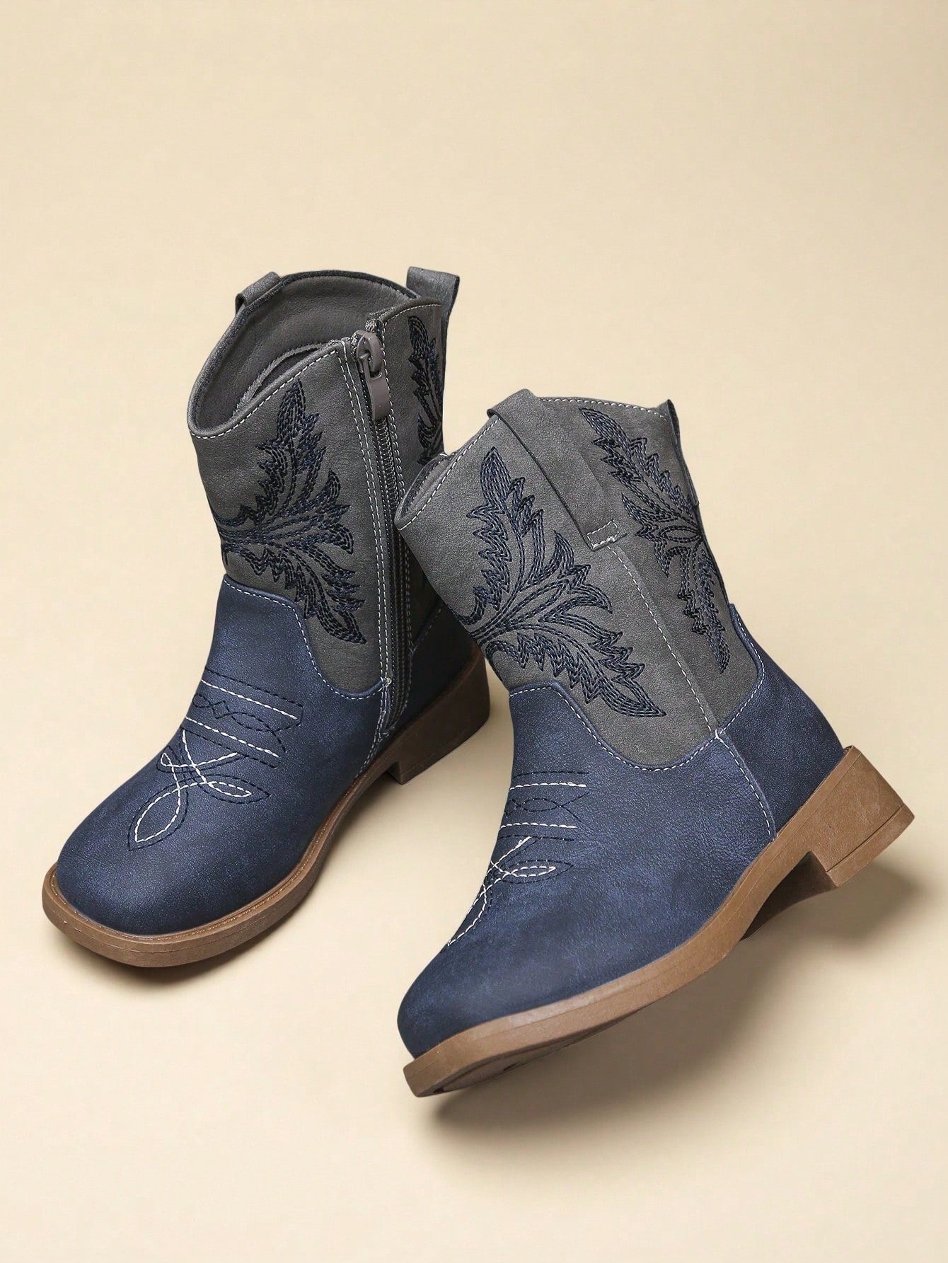 Girls' Western Cowboy Boots - Embroidered Mid-Calf Boots With Side Zipper