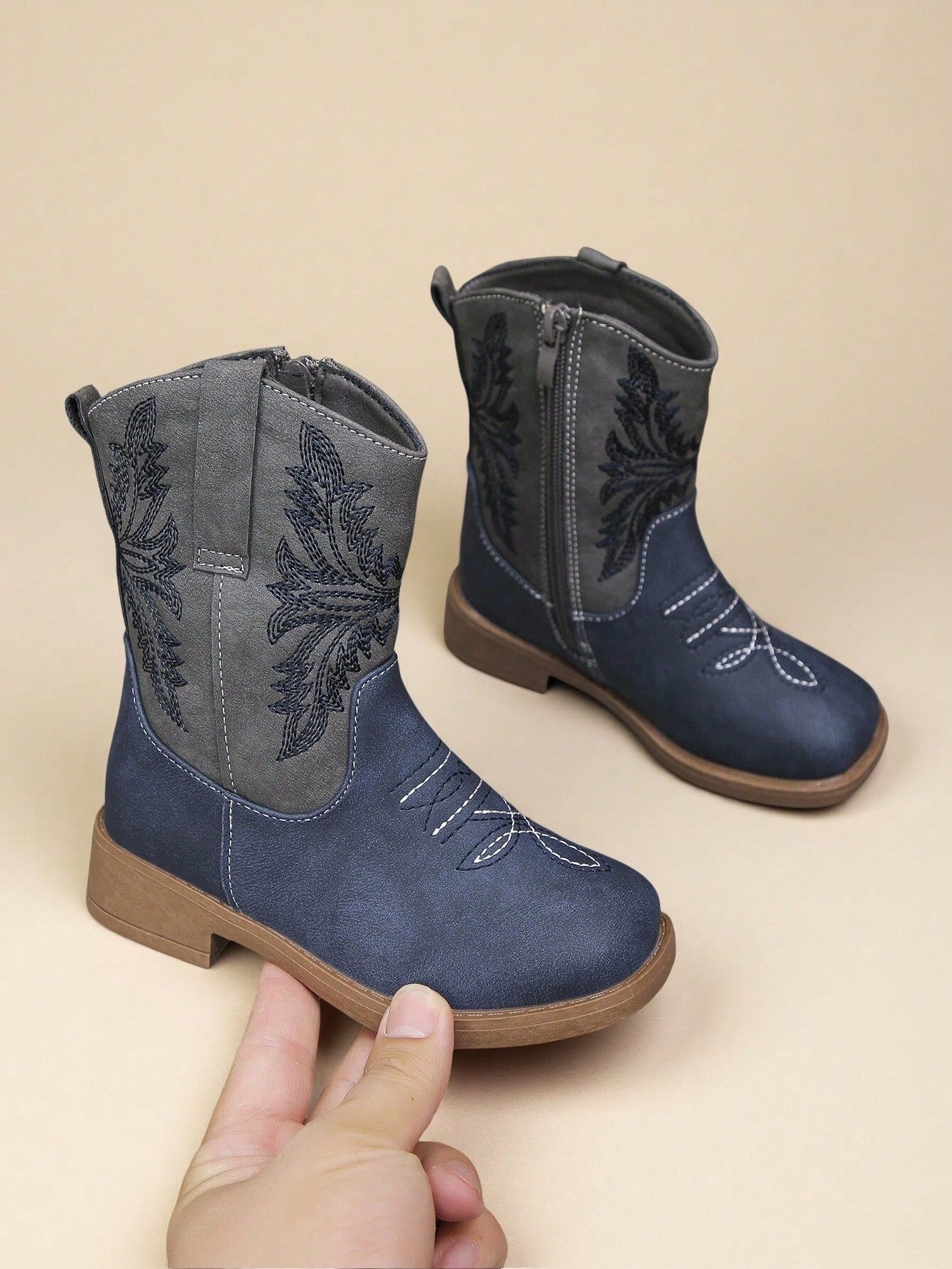 Girls' Western Cowboy Boots - Embroidered Mid-Calf Boots With Side Zipper