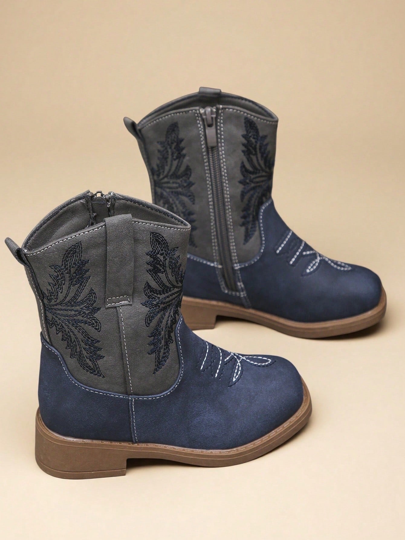 Girls' Western Cowboy Boots - Embroidered Mid-Calf Boots With Side Zipper